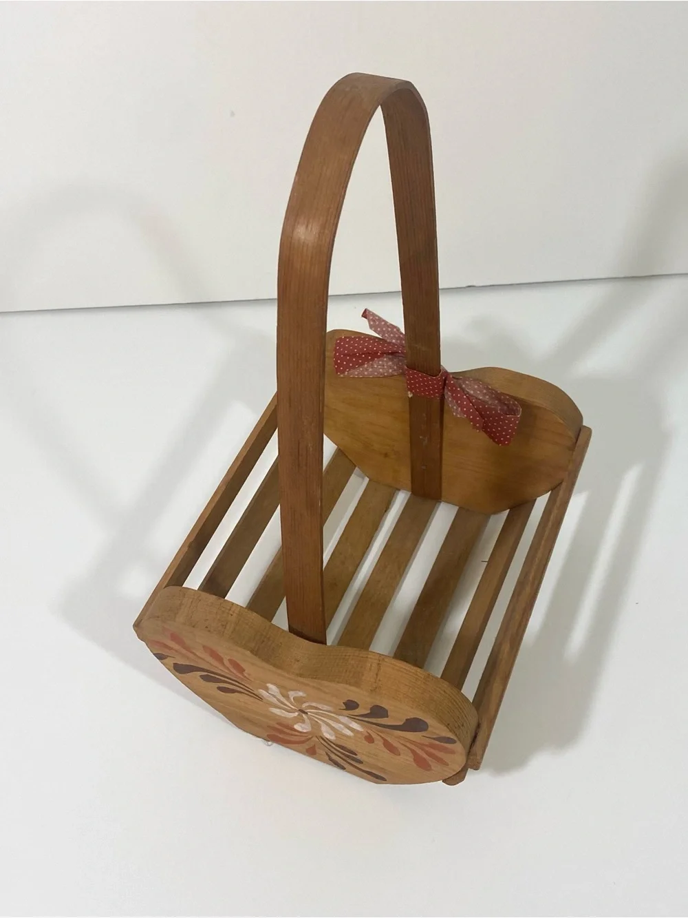 Vintage Brown Wood Handled Decorative Basket with Painted Floral Motif
